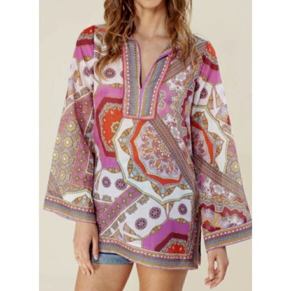 Tops - HALE BOB Joanna Voile Fuchsia Beaded Long Flared Sleeve Tunic Top Blouse